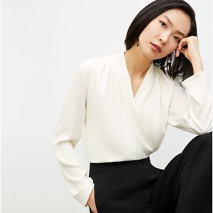 Milly Silk Ivory White Split Neck Long Sleeve Classic Relaxed Blouse Top L 10